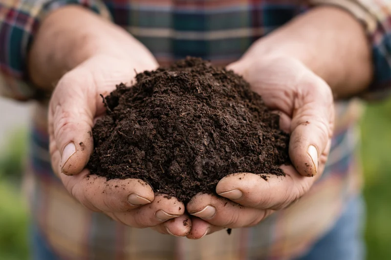 Weathered hands cupping dark rich soil outdoors in a garden setting