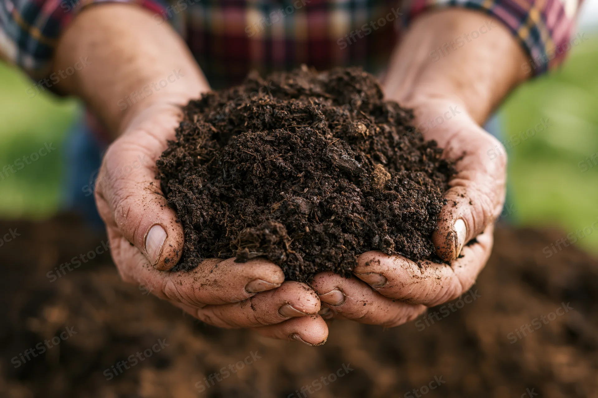 Weathered farmer's hands cupping dark rich soil in a garden field