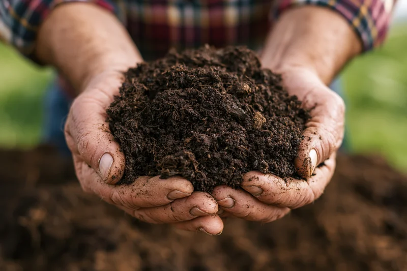 Weathered farmer's hands cupping dark rich soil in a garden field