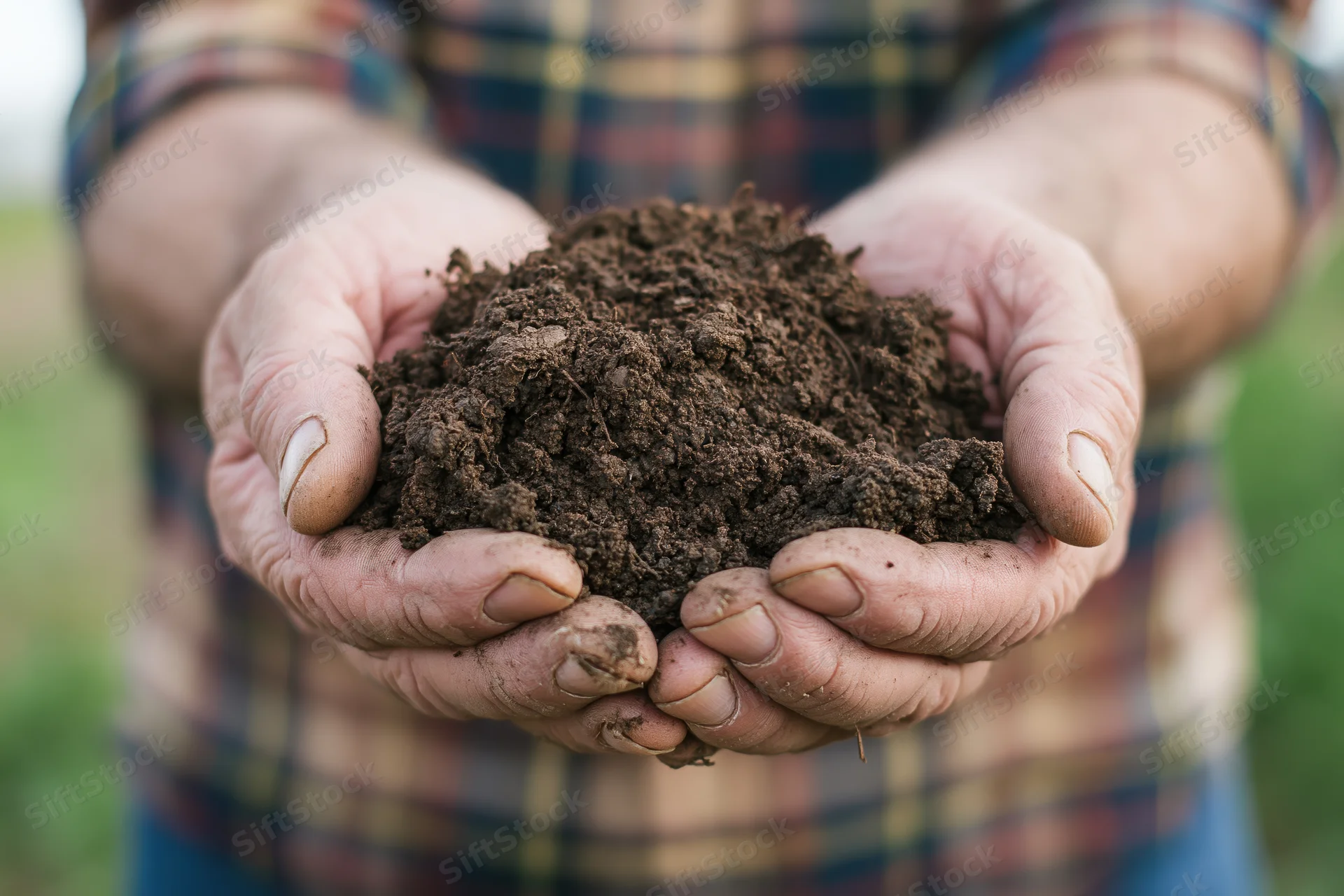 Farmer holding rich dark soil in cupped hands outdoors