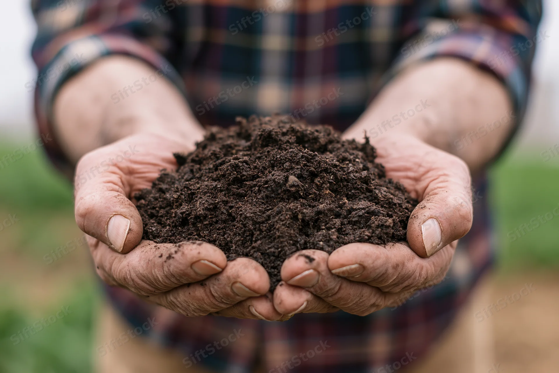 Weathered farmer's hands cupping dark rich soil outdoors