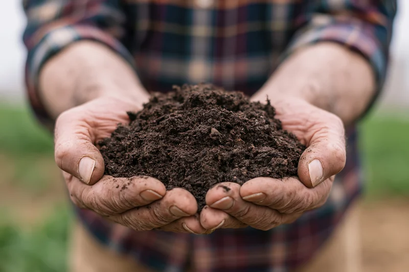 Weathered farmer's hands cupping dark rich soil outdoors