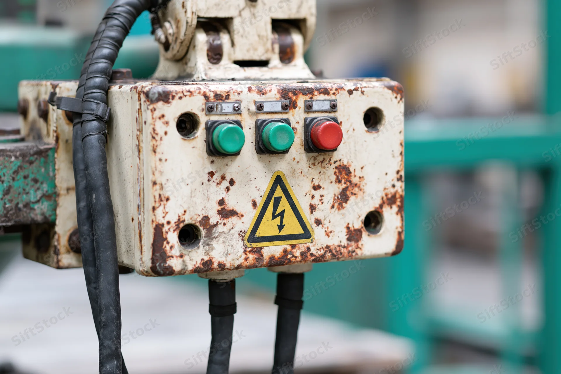 Weathered industrial electrical control box with green and red buttons and lightning hazard symbol mounted on machinery