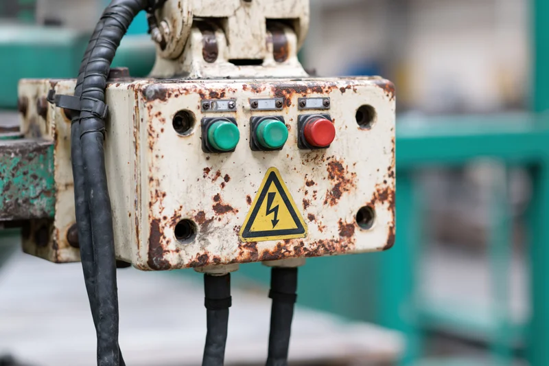 Weathered industrial electrical control box with green and red buttons and lightning hazard symbol mounted on machinery
