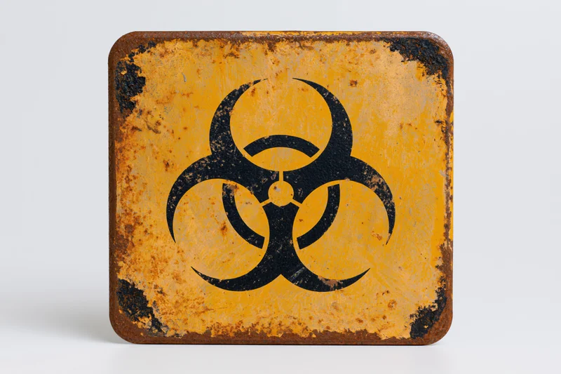 Weathered metal biohazard warning sign with bold black symbol on yellow background