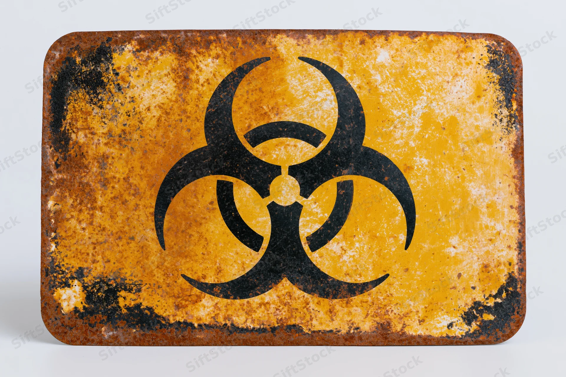 Weathered metal biohazard warning sign with bold black symbol on yellow background