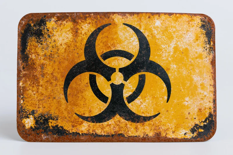 Weathered metal biohazard warning sign with bold black symbol on yellow background