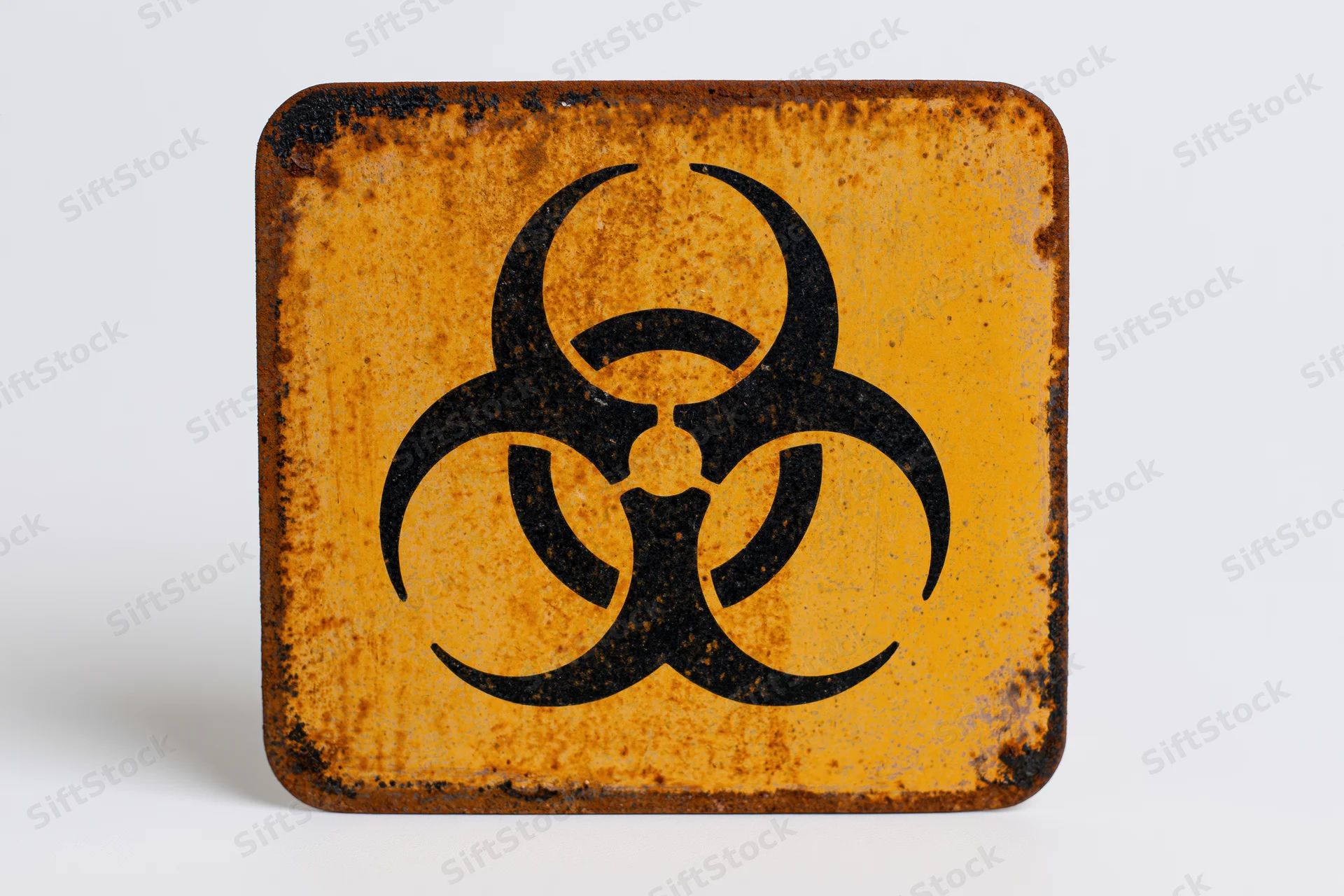 Weathered metal biohazard warning sign with bold black symbol on orange background