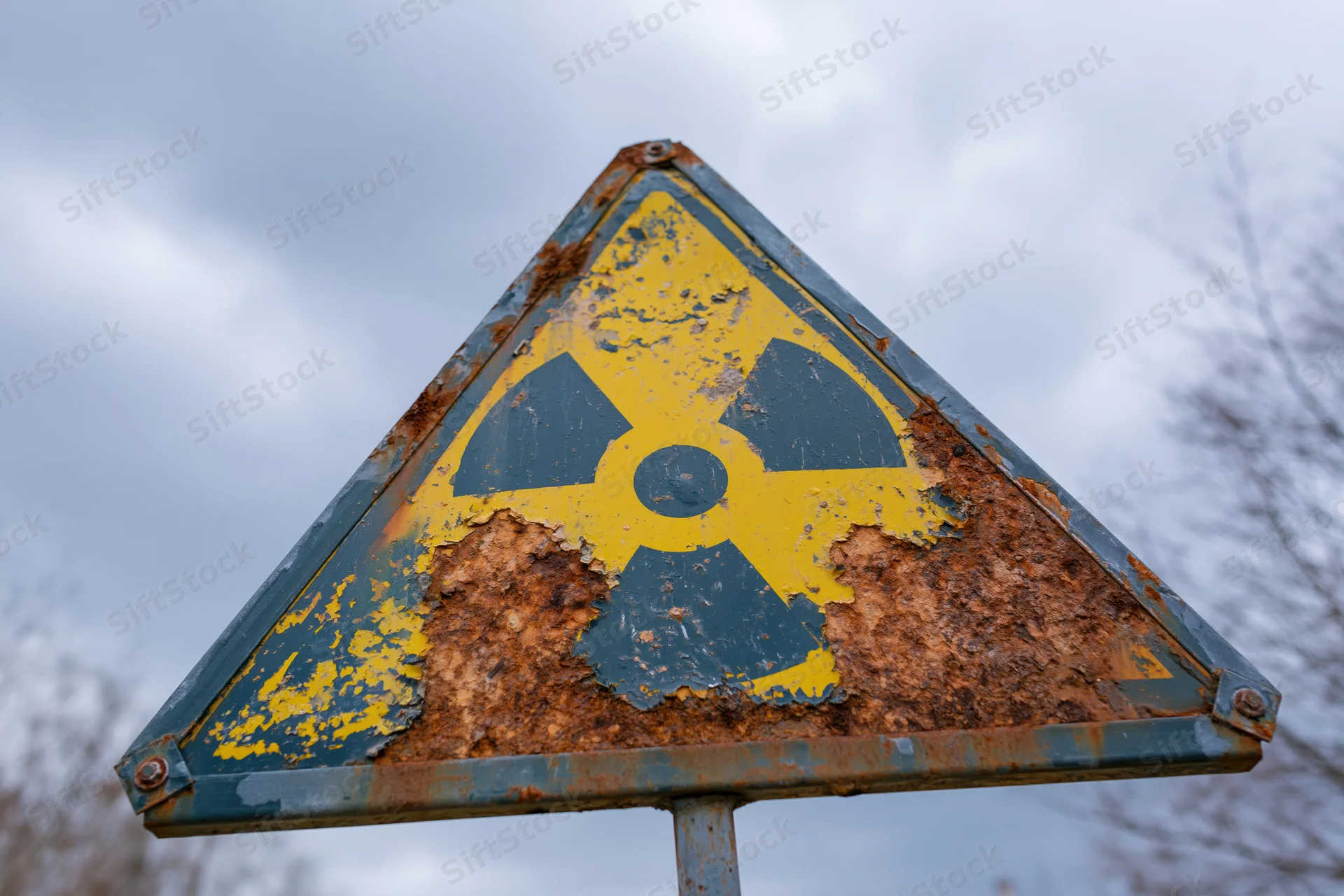 Weathered triangular radiation warning sign mounted on a metal post outdoors under cloudy sky