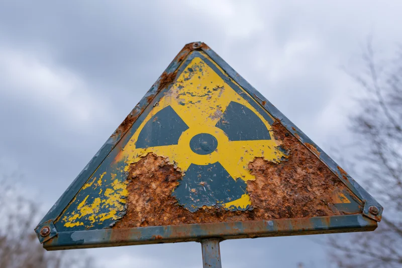 Weathered triangular radiation warning sign mounted on a metal post outdoors under cloudy sky