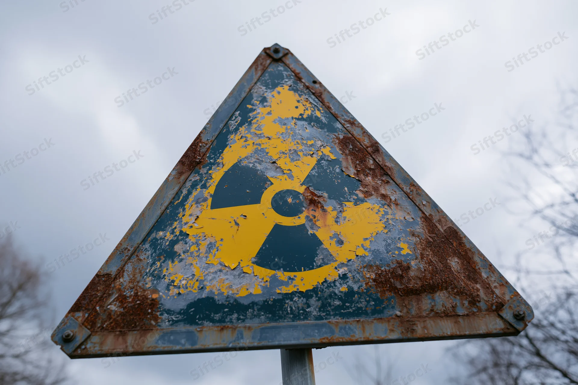 Weathered triangular radiation warning sign with peeling yellow and black symbol mounted on a pole outdoors under cloudy sky