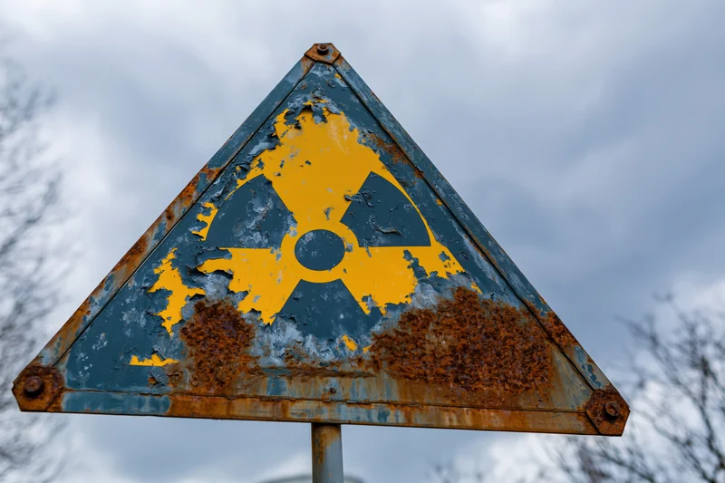 Weathered triangular radiation warning sign with peeling yellow and blue paint, mounted on a rusty metal post outdoors under a cloudy sky