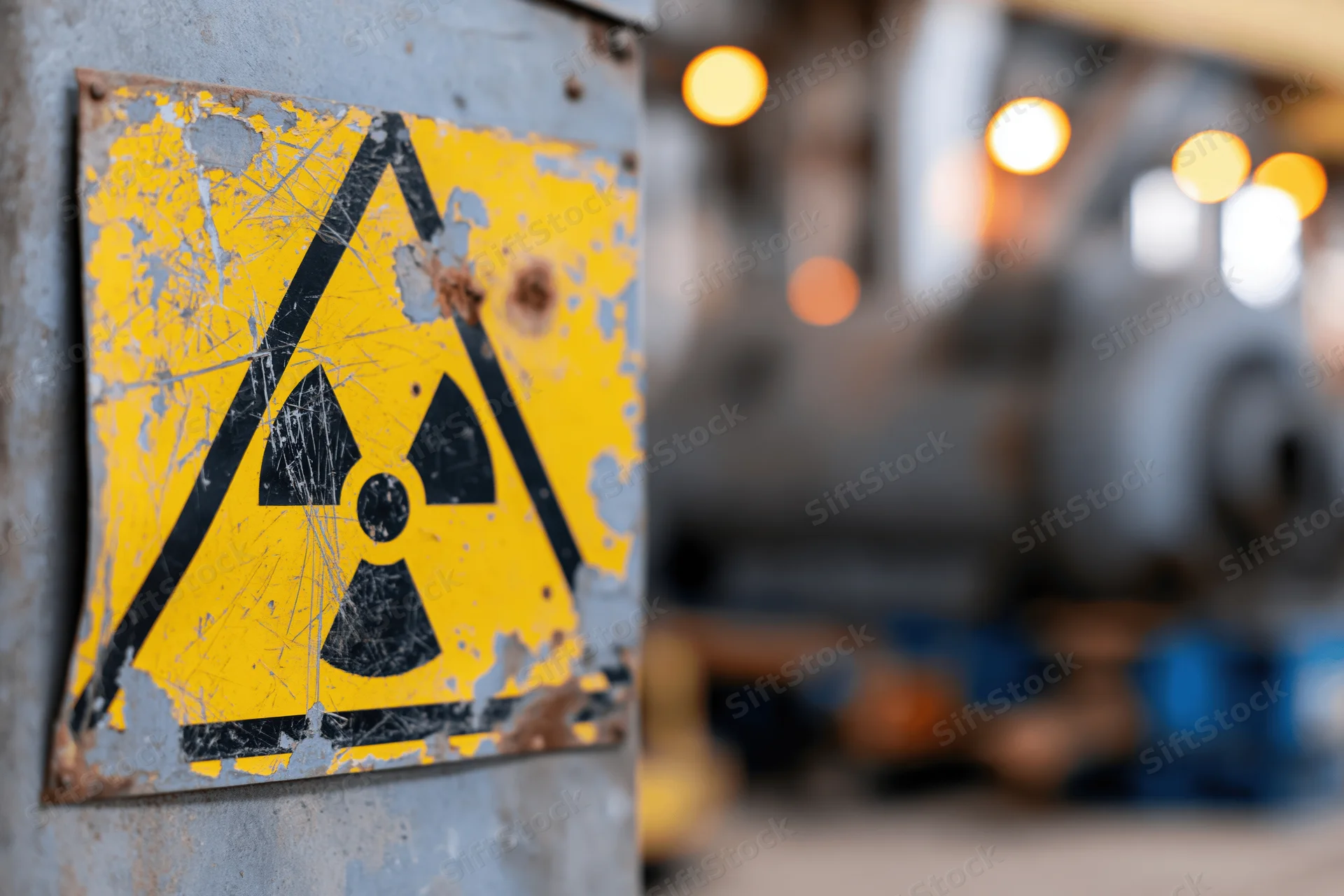 Weathered radiation warning sign on metal surface in industrial facility