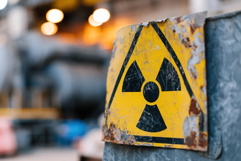 Weathered radiation warning sign mounted on metal surface in industrial facility