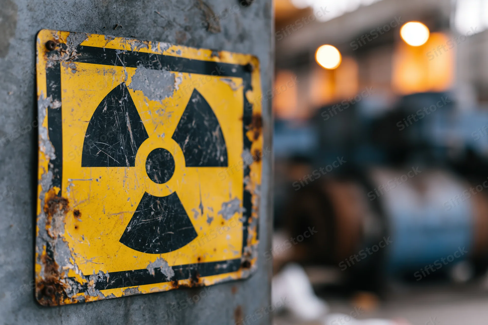 Weathered radiation warning sign on metal surface in industrial facility