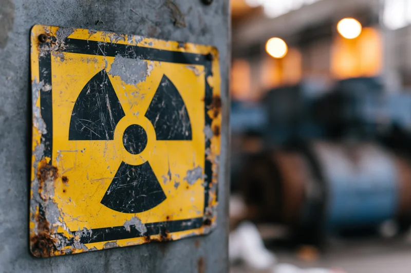Weathered radiation warning sign on metal surface in industrial facility