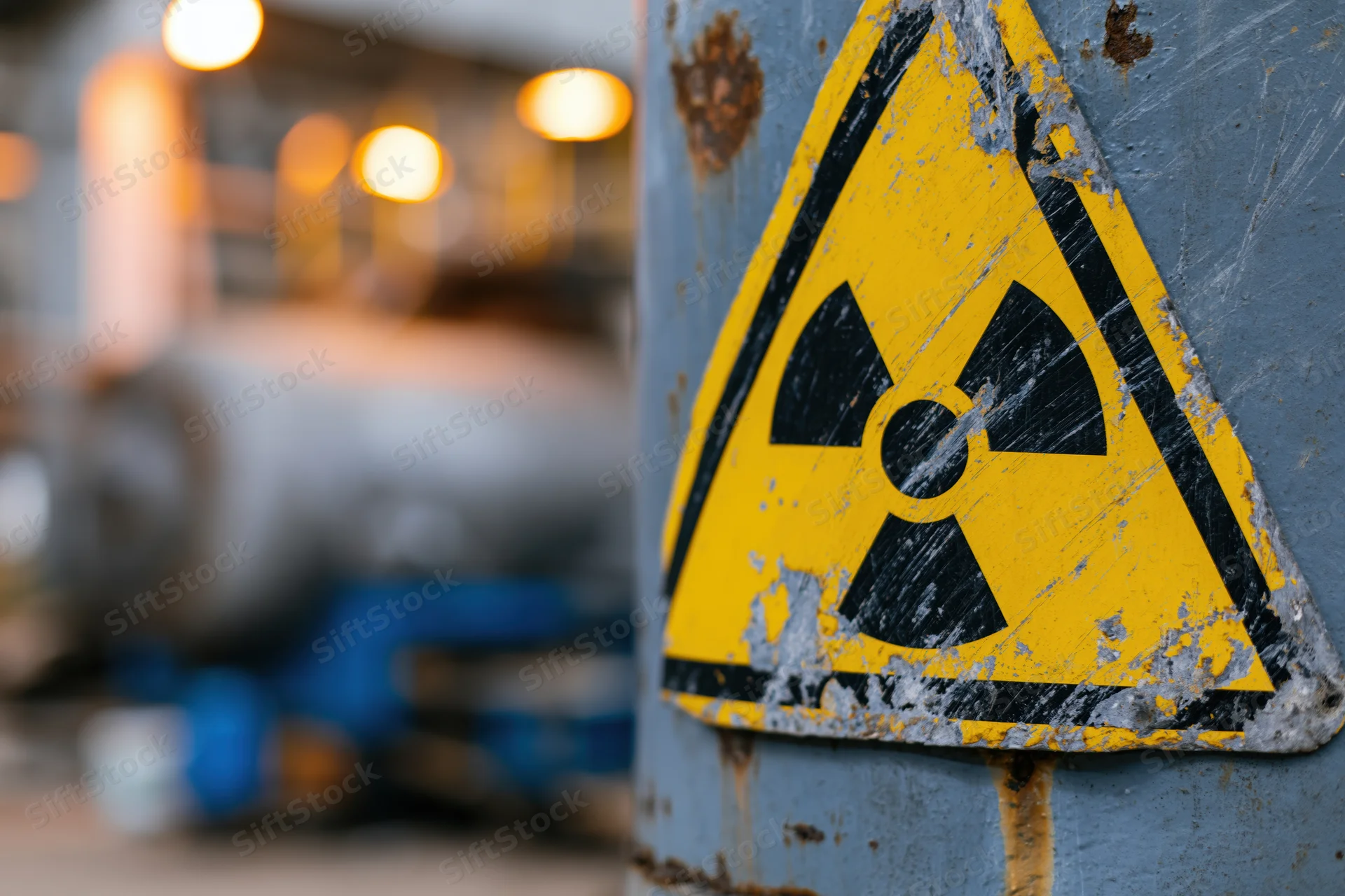 Weathered radiation warning sign on a rusty metal pipe in an industrial facility