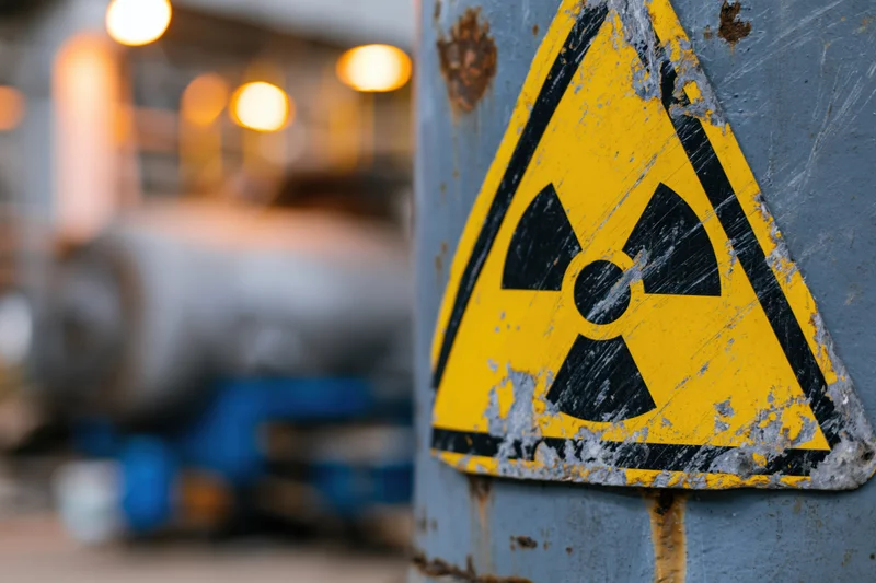 Weathered radiation warning sign on a rusty metal pipe in an industrial facility