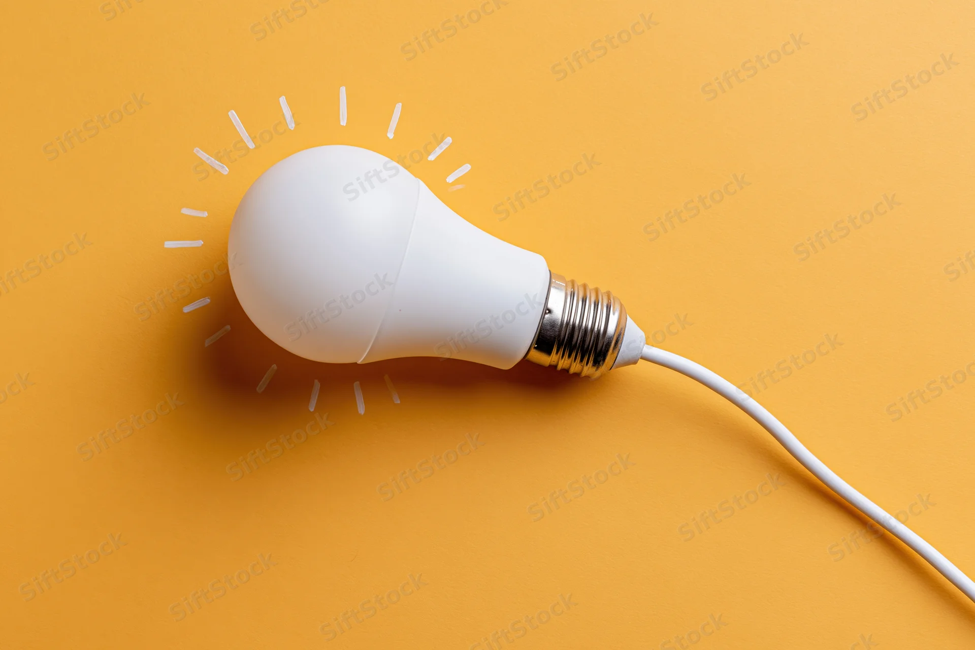 White led lightbulb lying flat with cord on yellow background