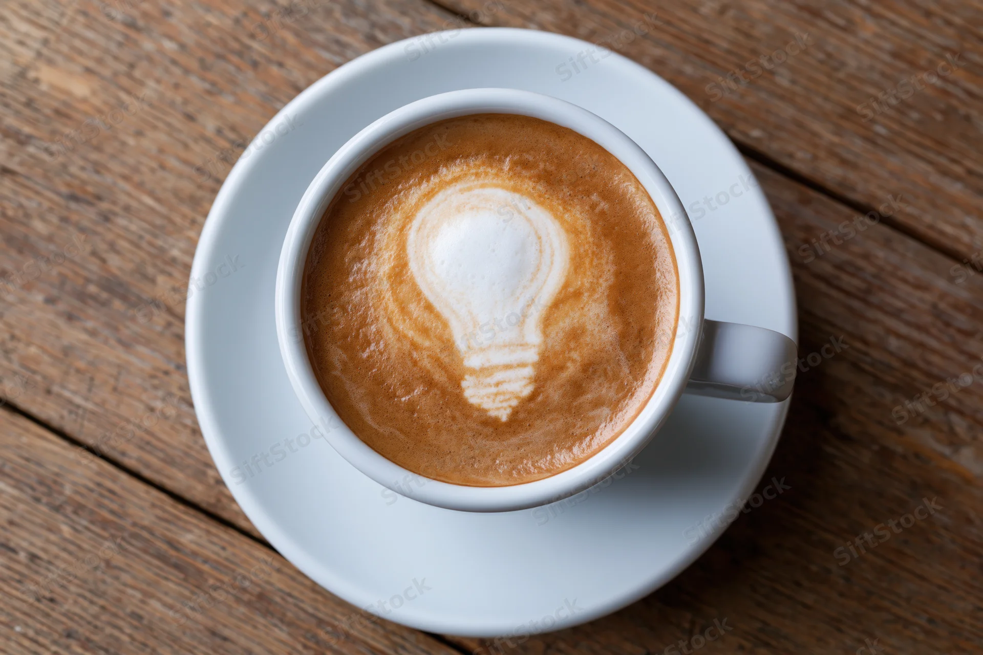 White ceramic cup of coffee with lightbulb latte art on wooden table