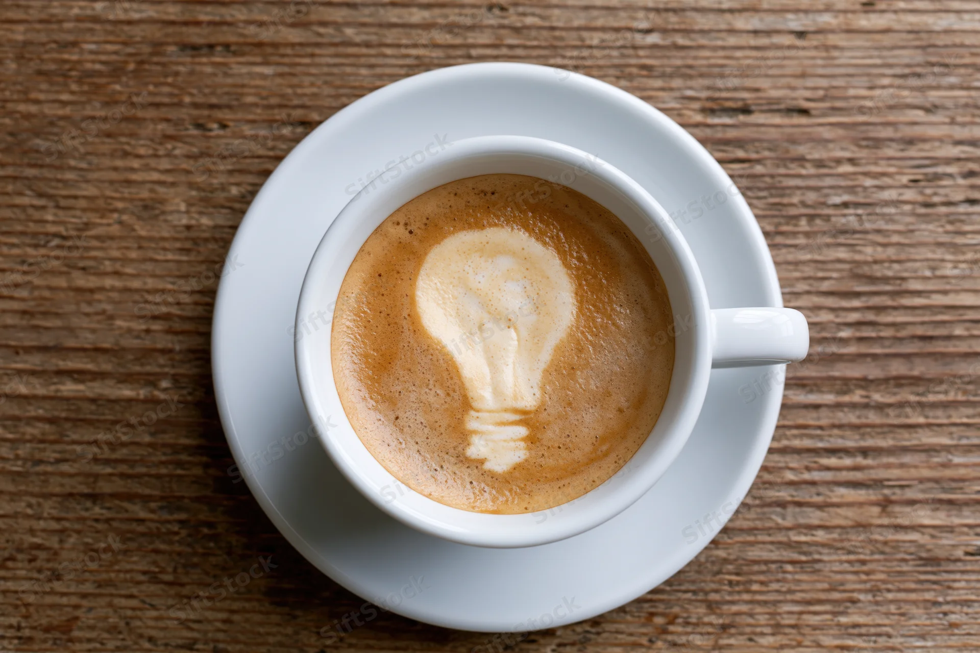 White ceramic coffee cup with lightbulb latte art on wooden table, top view