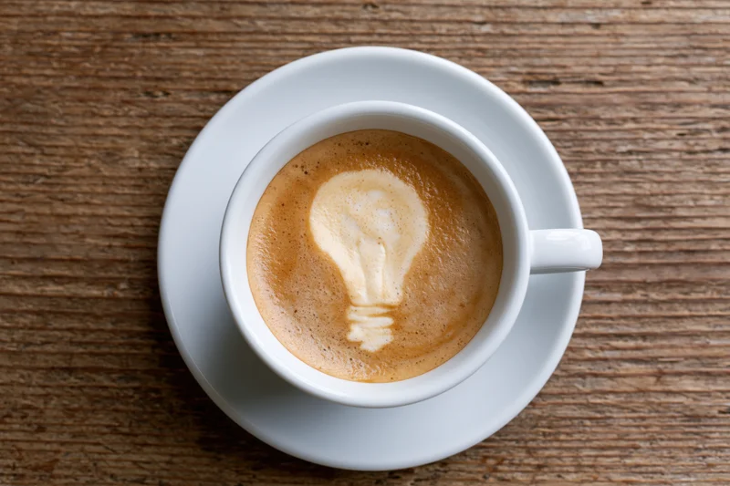 White ceramic coffee cup with lightbulb latte art on wooden table, top view