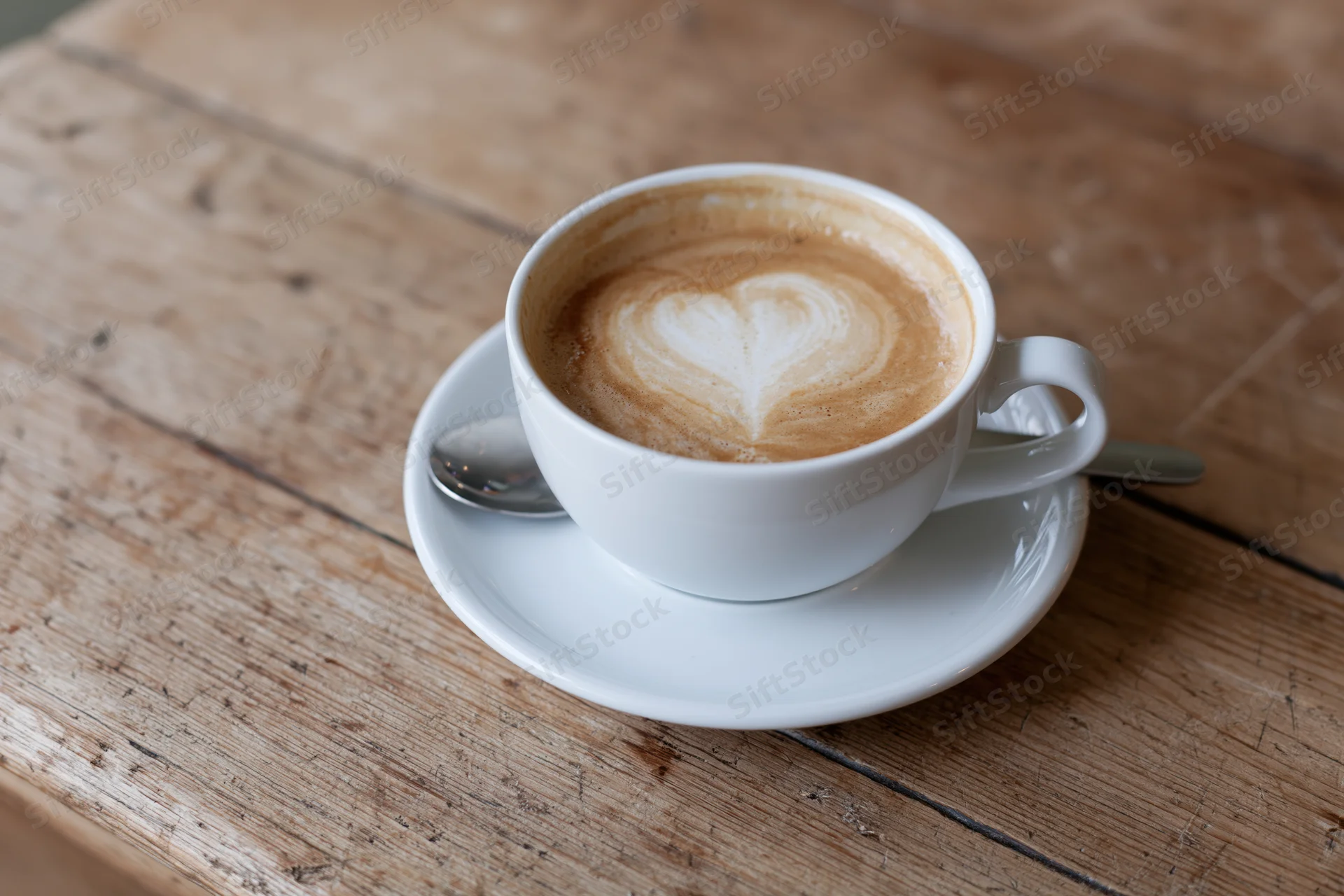 White ceramic cup of latte with heart latte art on wooden table