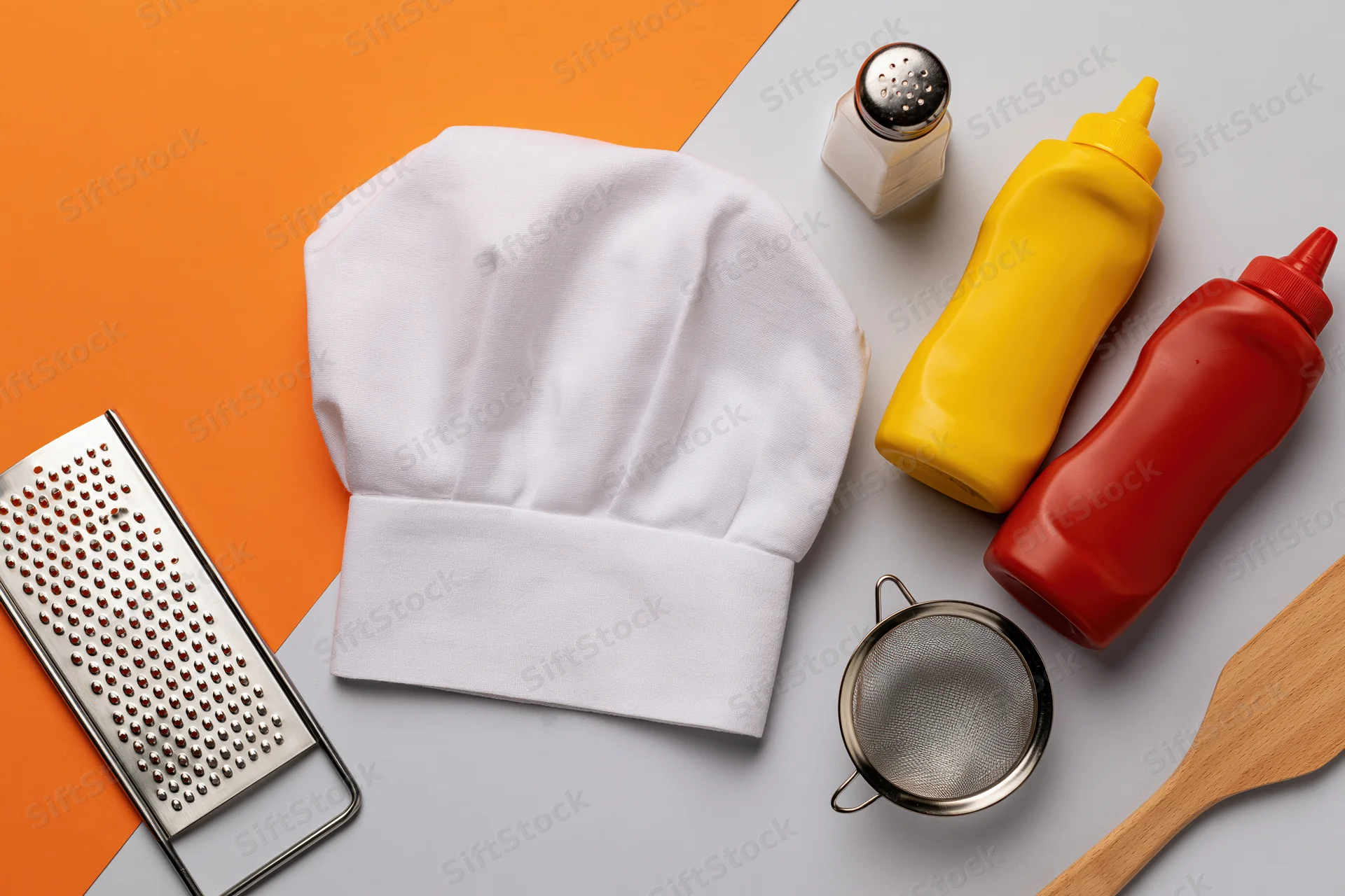 White chef's hat and kitchen tools arranged on a gray and orange surface