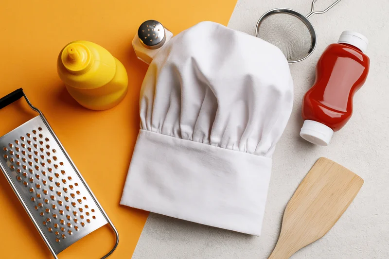 White chef's hat lying flat on a grey surface surrounded by kitchen tools and condiments