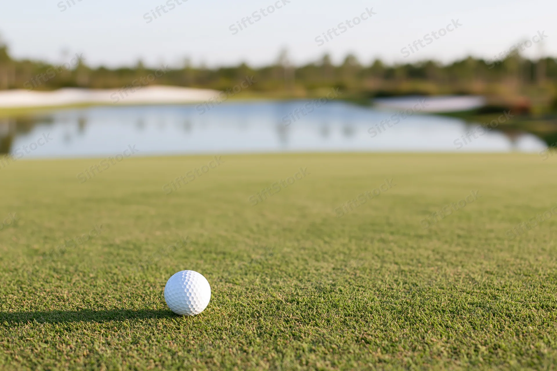 White golf ball resting on a closely mowed putting green with a lake and trees in the background