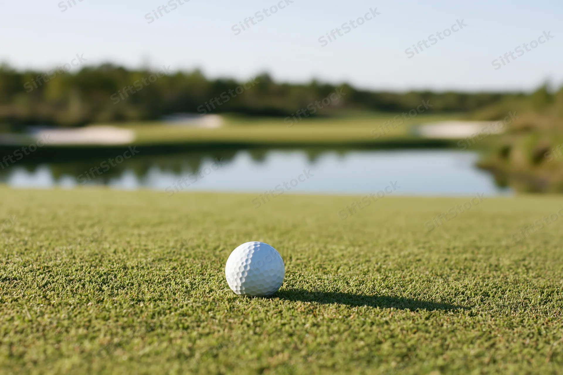 White golf ball resting on a closely mowed putting green with water hazard and sand traps in the background