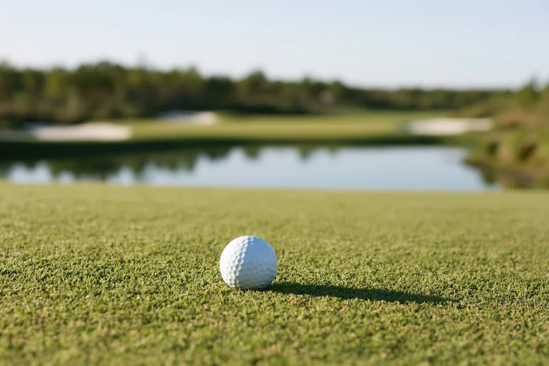 White golf ball resting on a closely mowed putting green with water hazard and sand traps in the background