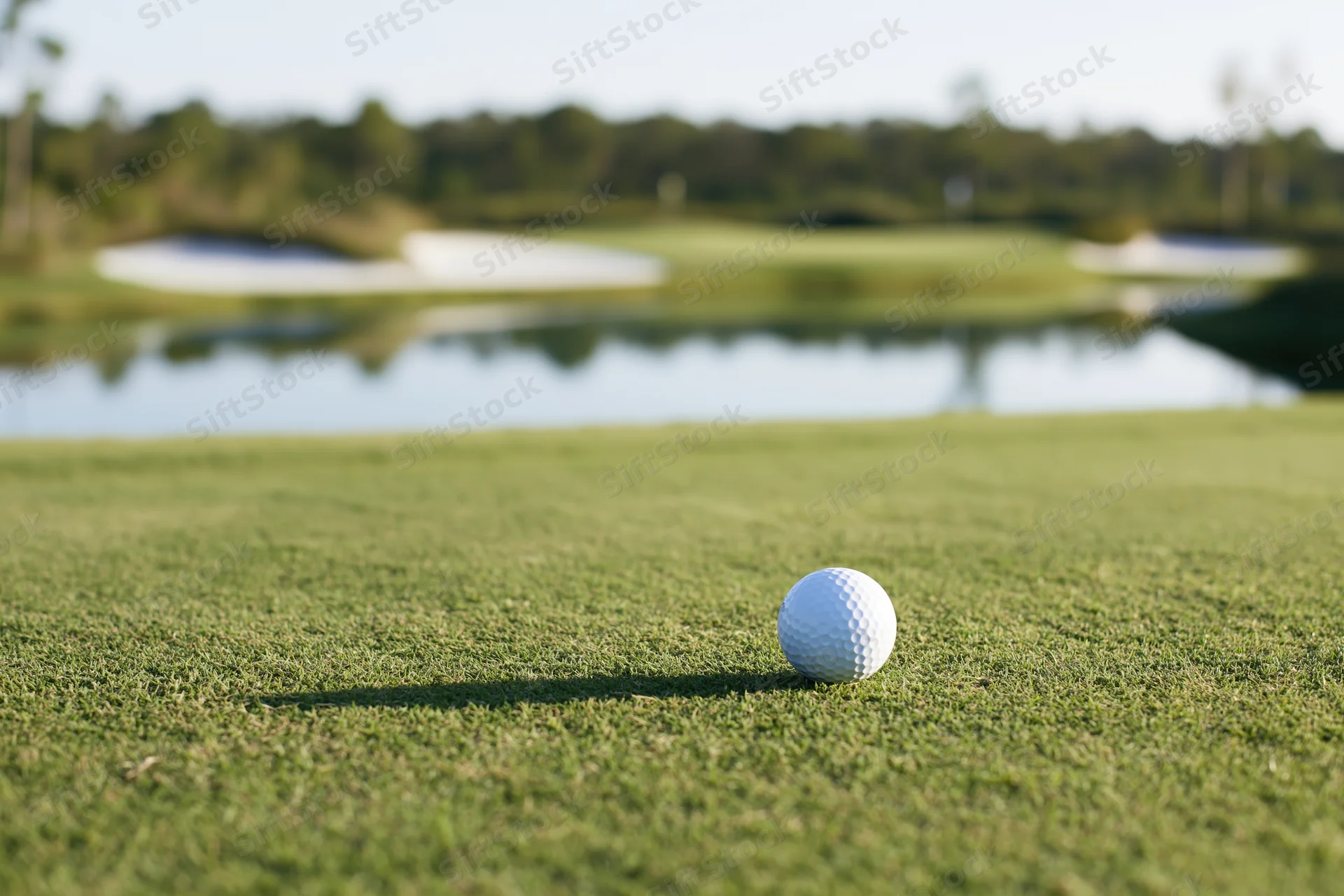 White golf ball resting on a closely mowed putting green with water hazard and sand traps in background