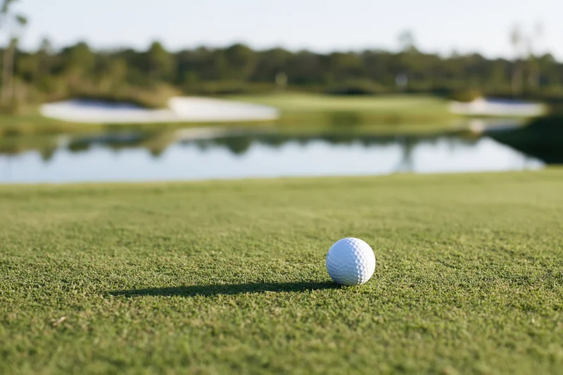 White golf ball resting on a closely mowed putting green with water hazard and sand traps in background