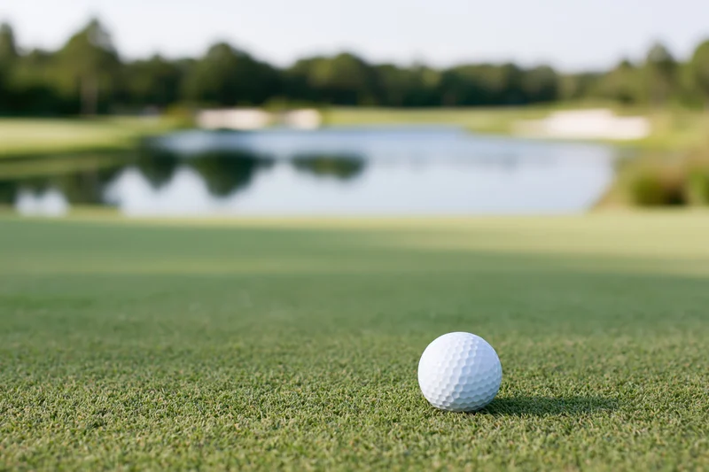 White golf ball resting on a closely mowed putting green with a lake and trees in the background