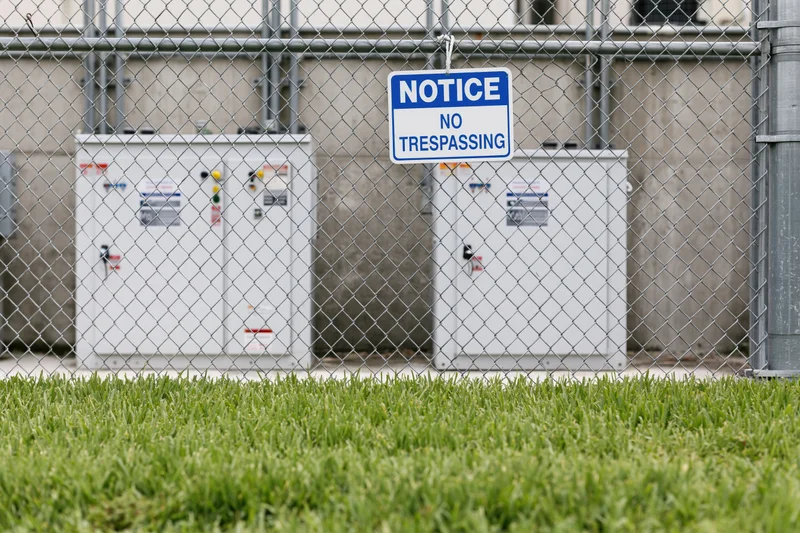 White industrial electrical utility boxes behind chainlink fence with no trespassing sign, grass in foreground
