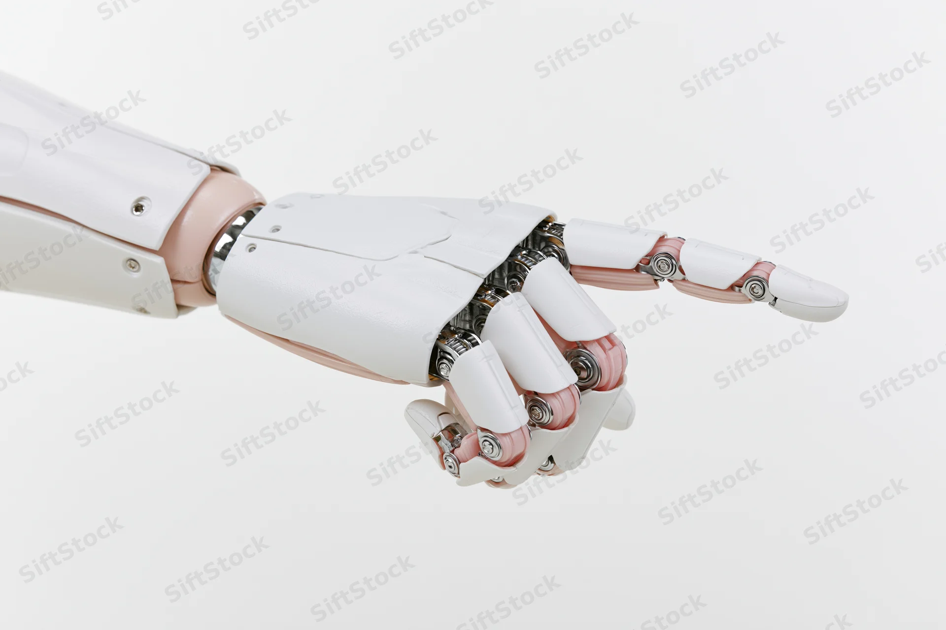 Robotic hand extended forward with index finger pointing against white background