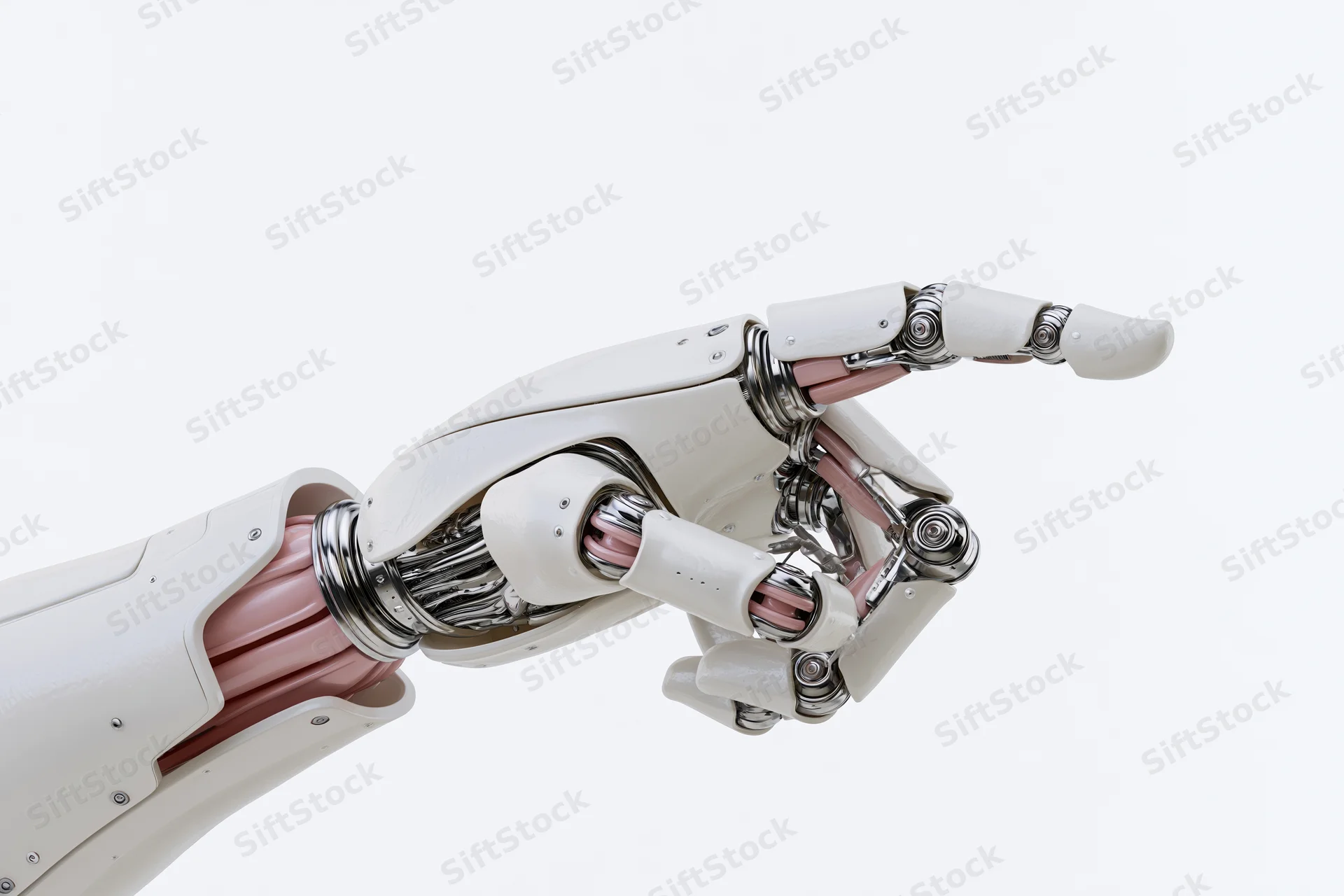 Robotic hand extended forward with index finger pointing, isolated on white background