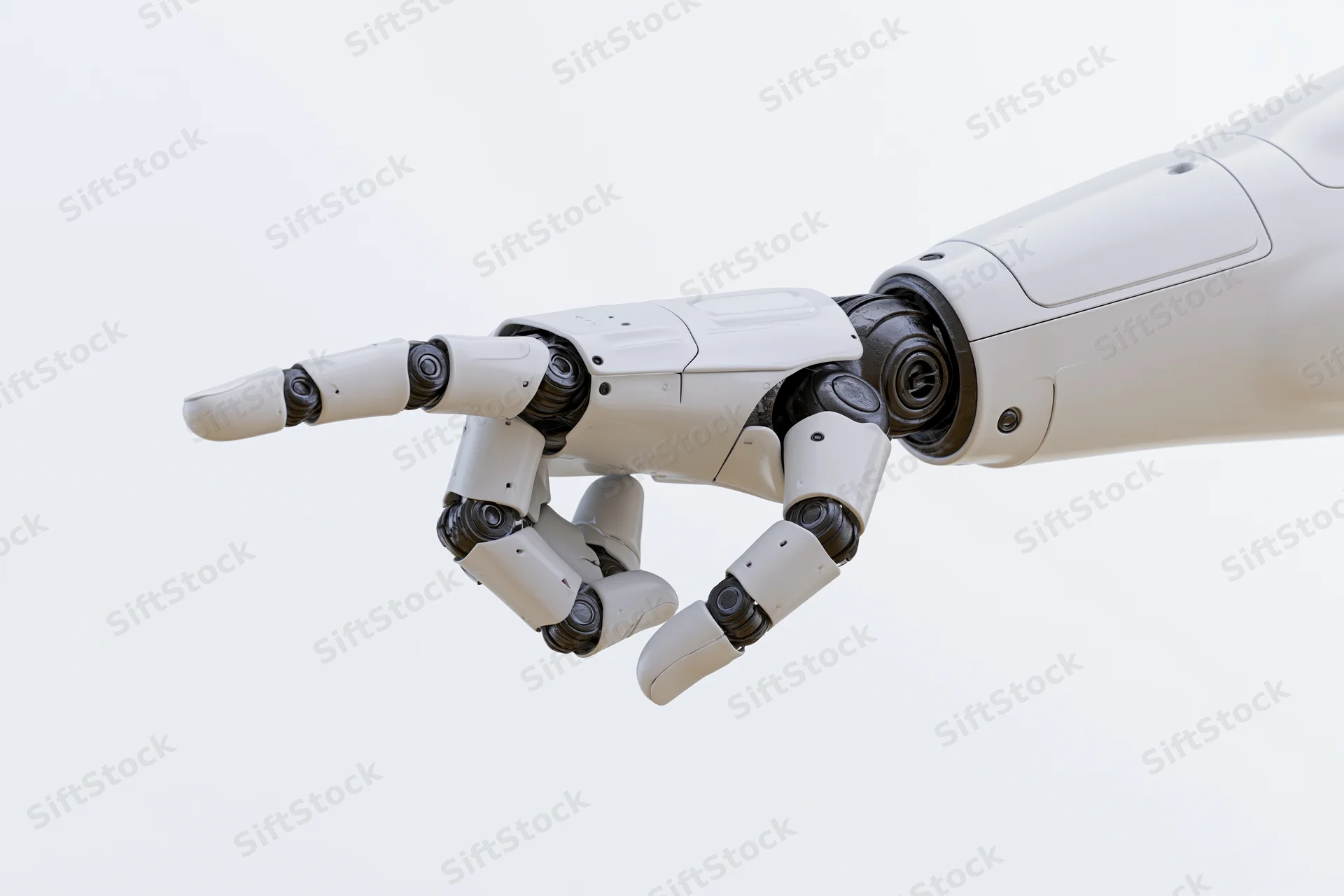 Robotic arm extending with hand pointing forward against white background