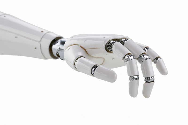 Robotic hand with slightly curled fingers extending from forearm against white background