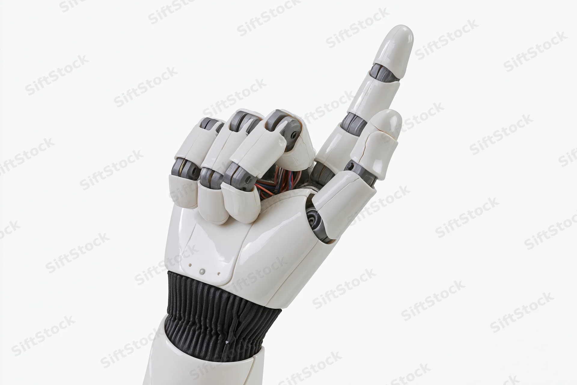 Robotic hand with articulated fingers pointing upward against white background