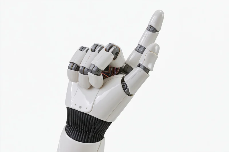 Robotic hand with articulated fingers pointing upward against white background