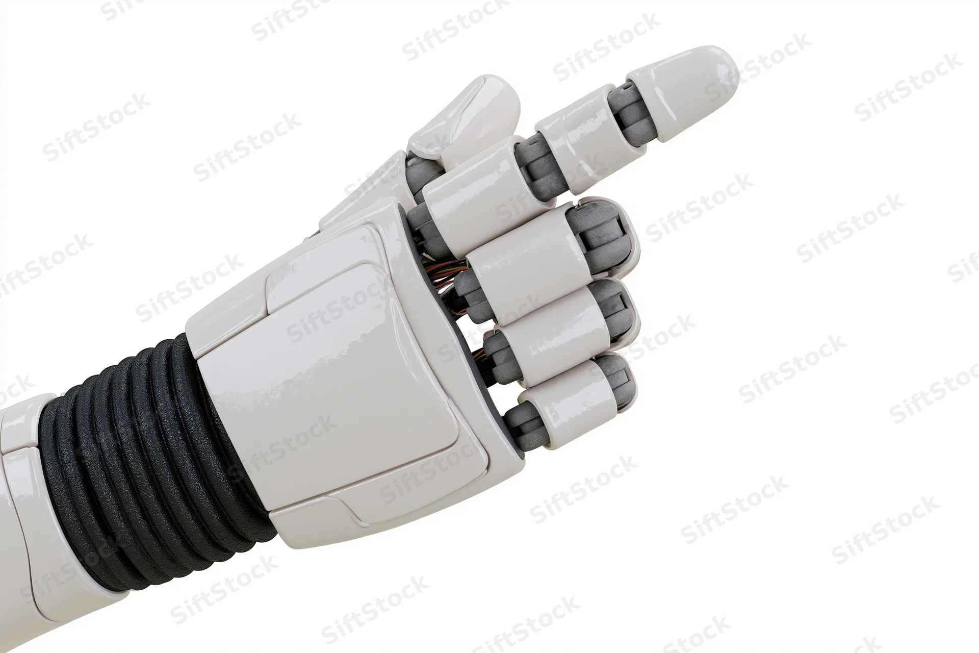 Robotic hand with articulated fingers pointing upward against white background