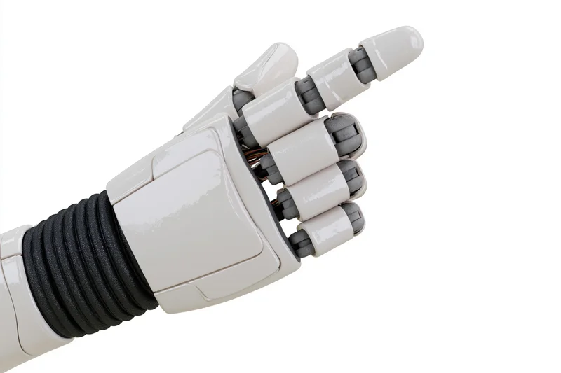 Robotic hand with articulated fingers pointing upward against white background