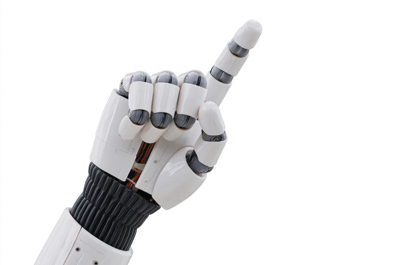Robotic hand with articulated fingers pointing upward against white background