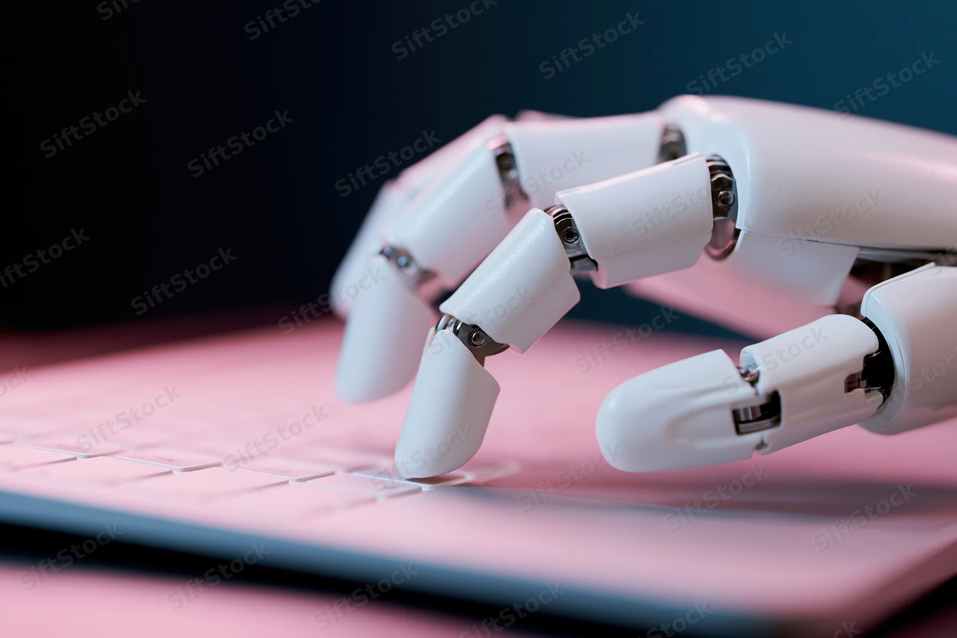 Robotic hand typing on a laptop keyboard in a dark setting with pink lighting