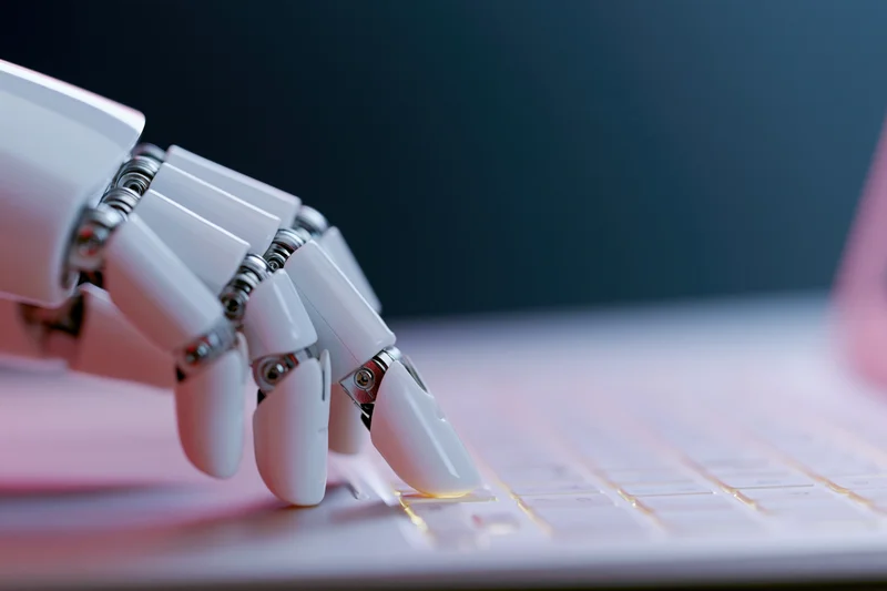 Robotic hand with articulated fingers typing on a keyboard