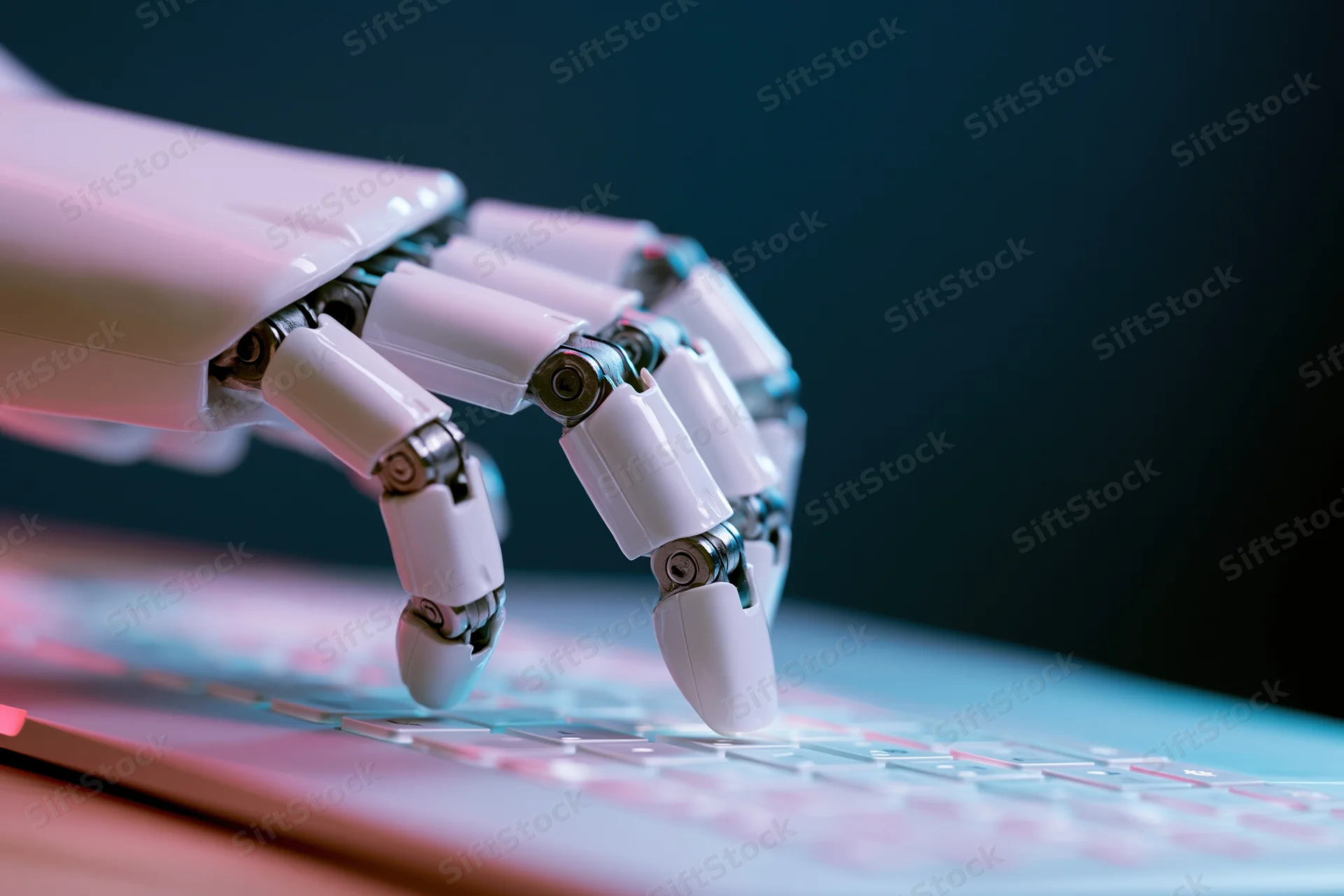 Robotic hand with articulated fingers typing on a keyboard