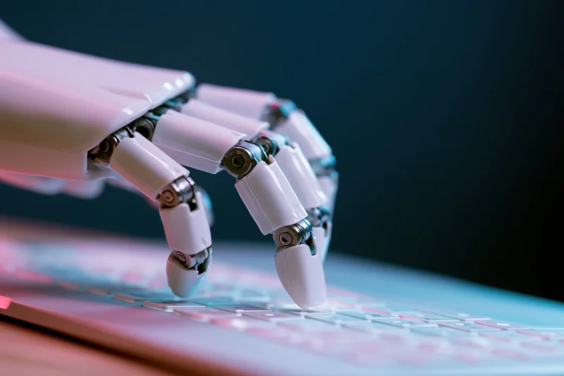 Robotic hand with articulated fingers typing on a keyboard