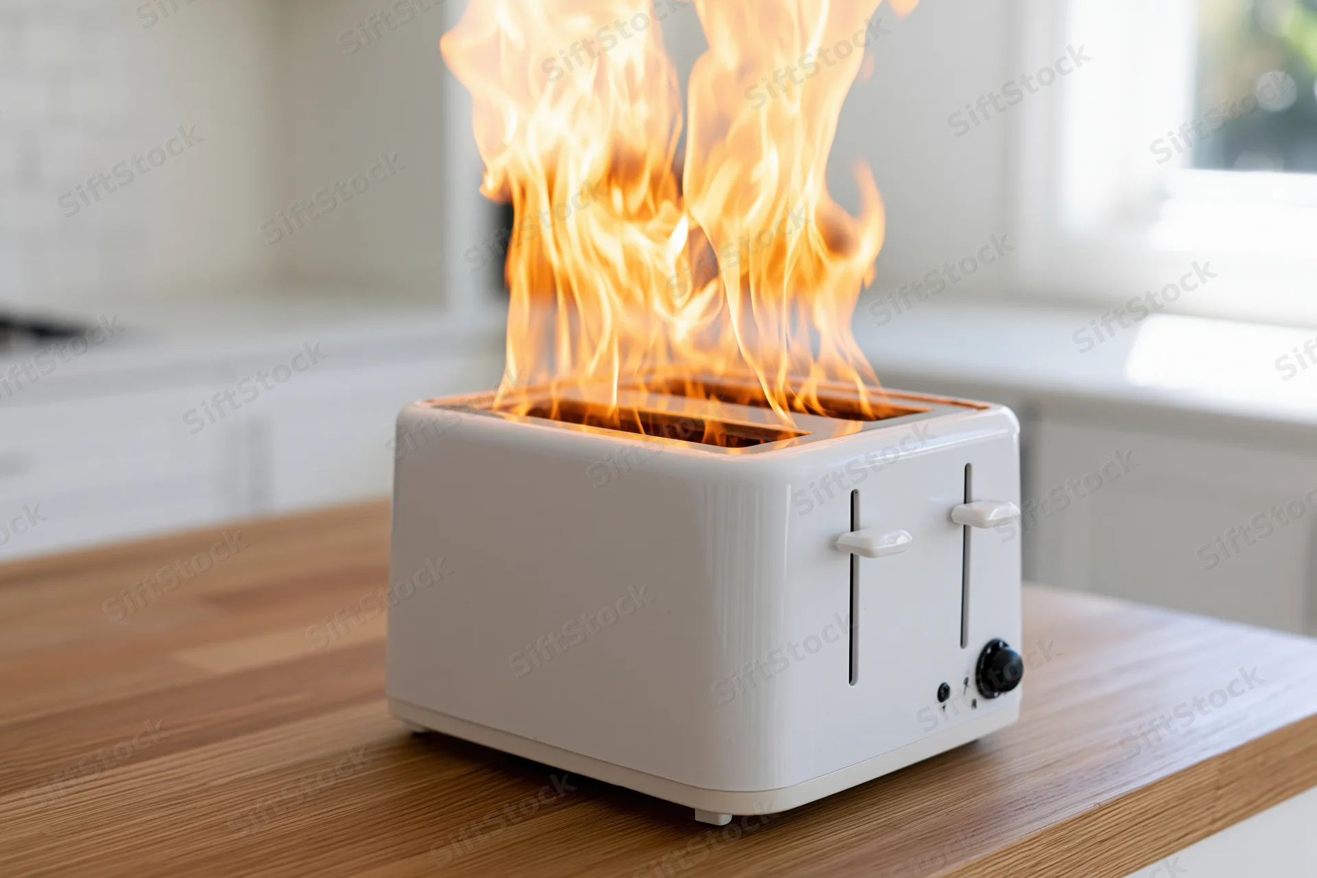 White toaster on fire on wooden kitchen counter
